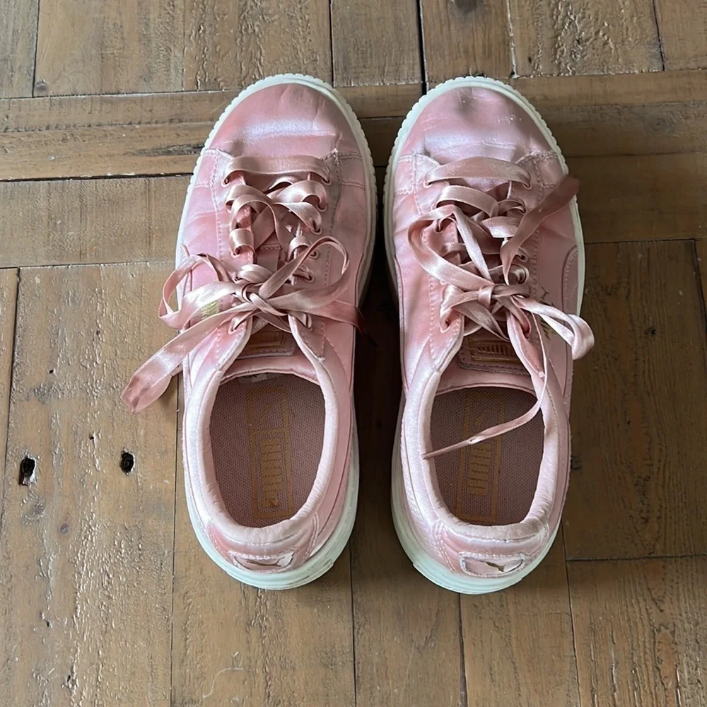 Puma basket pink satin platform sneakers